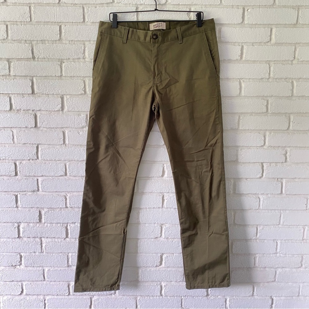 Naked & Famous Slim Chino Pants Olive Green Khaki Stretch Casual Men’s Size 34